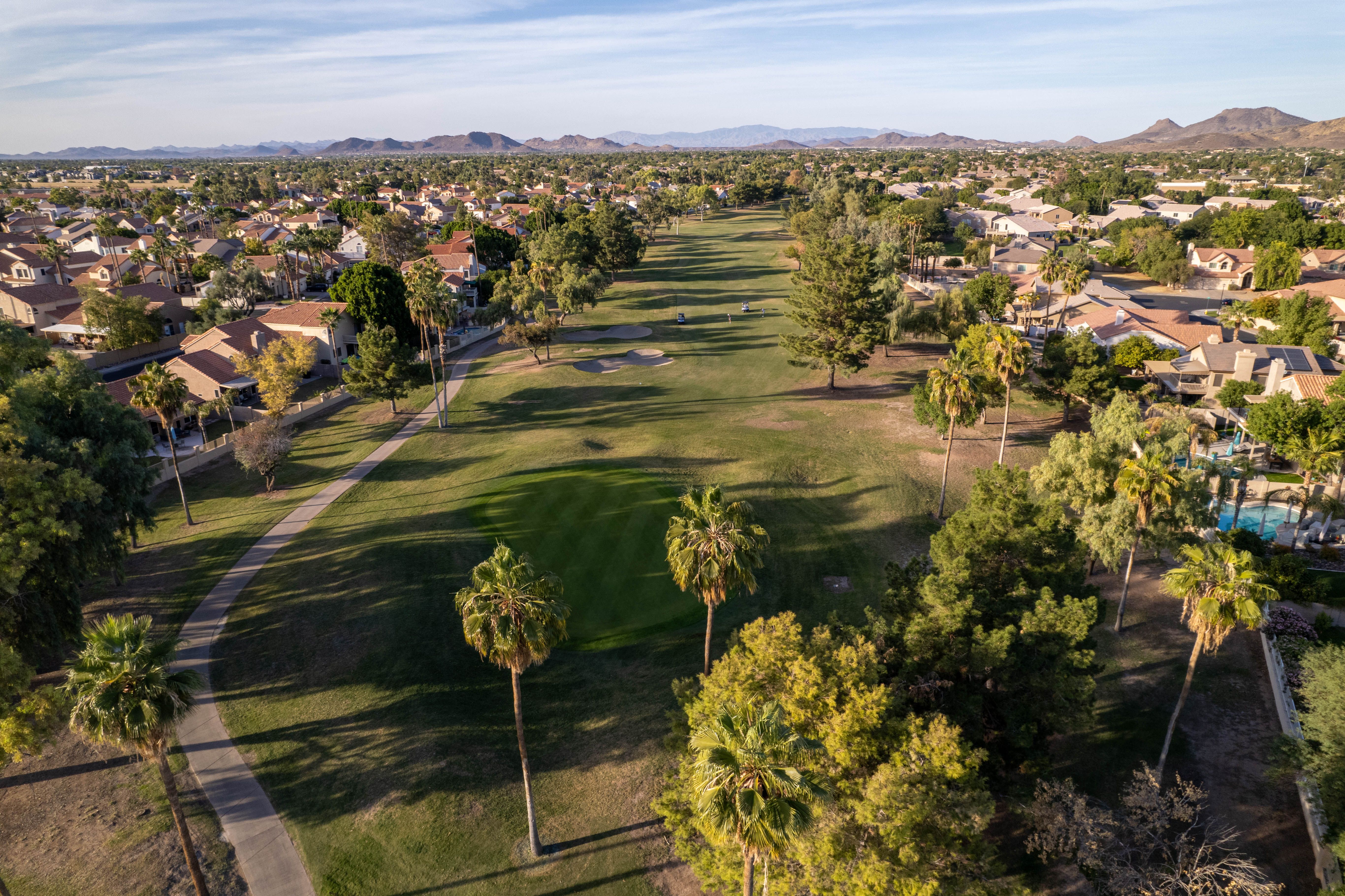 Palm-lined Scottsdale community lake with walking paths
